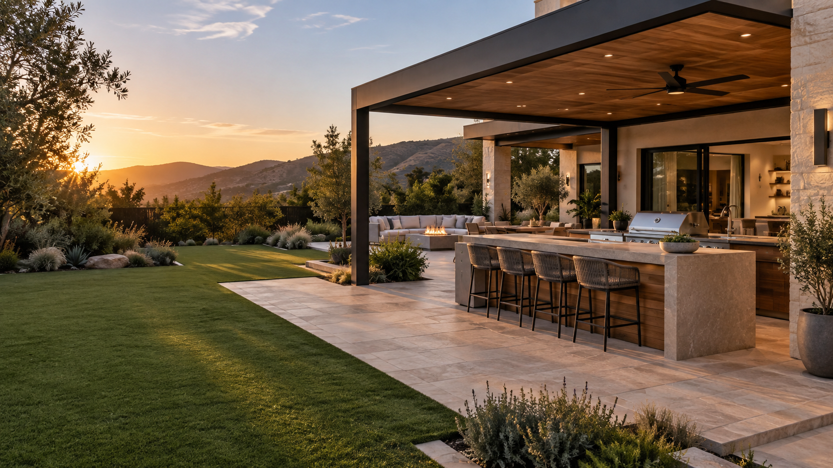 Modern Southern California backyard with outdoor kitchen, pergola, patio and landscaping