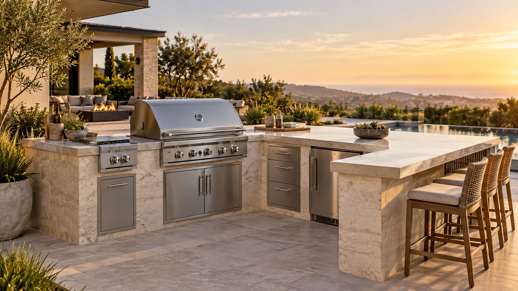 Custom Southern California BBQ island with built-in grill, storage, counters, and bar seating